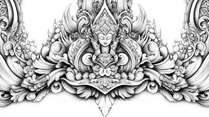 Intricate Ornate Asian Carving Design  Monochrome Floral Pattern