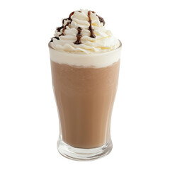 Iced coffee frappe topped with whipped cream and chocolate sauce on transparent background