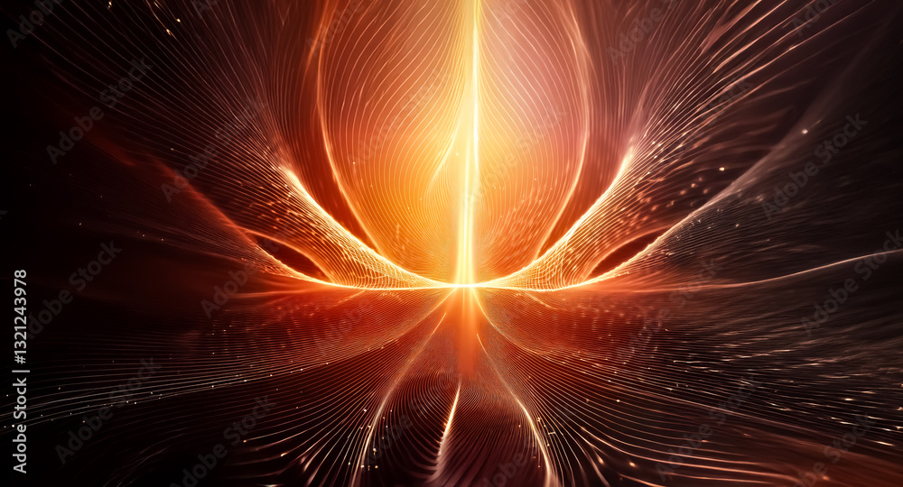 Fototapete Abstract image of bright light emanating from the center, creating radiating lines and waves in shades of orange and dark colors. Evokes energy and motion.
