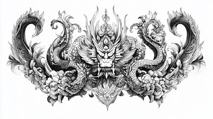 Ornate Dragon   Floral Design  Asian Art  Tattoo  Graphic