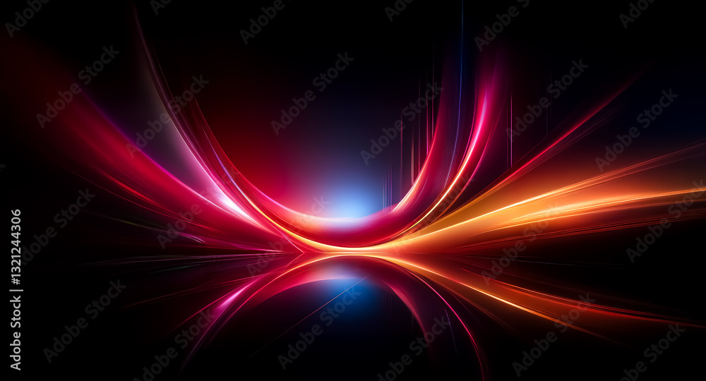 Poster Vibrant light streaks in red, orange, and blue create an abstract, dynamic design against a dark backdrop, suggesting motion and energy with smooth curves and reflections.