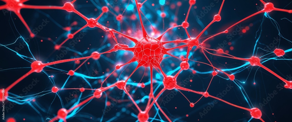 Wall mural red neural network neuron connection cyan dark background motion and energy concept modern and futur
