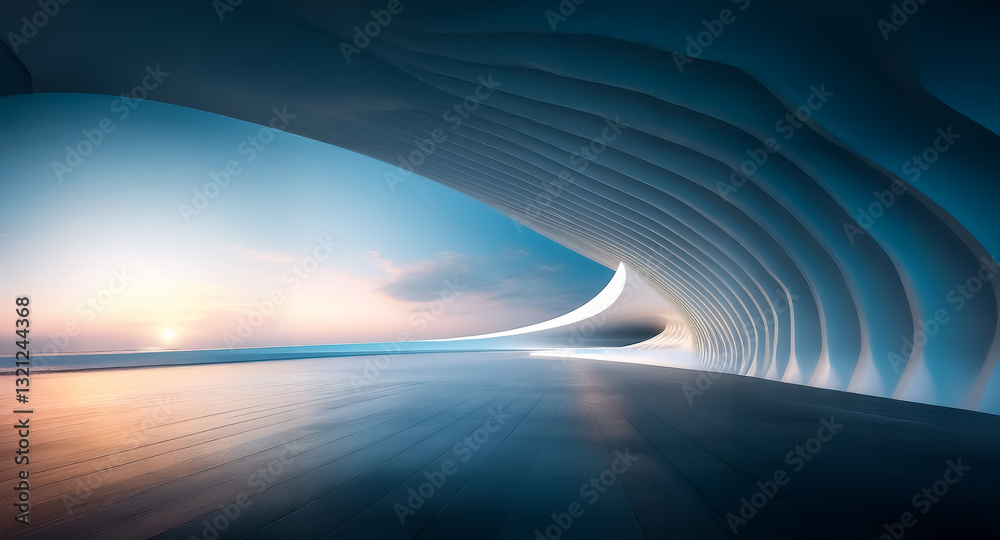 Aufkleber Futuristic abstract architecture features curved white walls creating a tunnel-like passage towards a vibrant sunset sky.  Serene and modern, the scene evokes a sense of open space and journey.