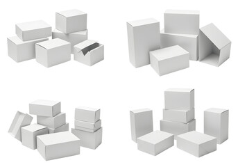 Stack of Various Sizes White Boxes Against Transparent Background for Package Mockup