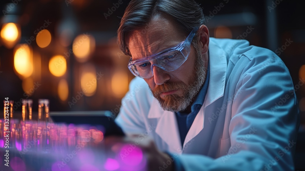 Poster In a lab, a researcher analyzes quantum mechanics data, focusing on qubits' properties like superposition and entanglement while experimenting with energy states.