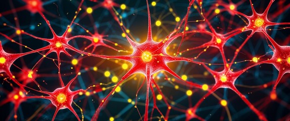 Fototapeta premium red neural network neuron connection yellow dark background motion and energy concept modern and futuristic digital abstract artwork background