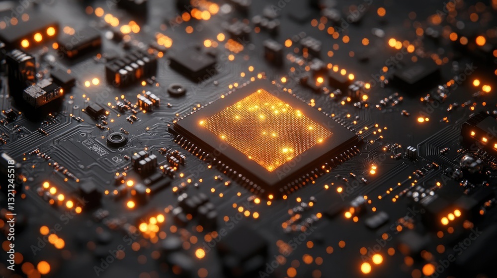 Poster Illuminated CPU on circuit board; tech background; data processing