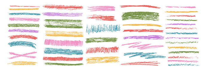 Crayon underline set. Pencil scribble lines pack. Vector hand drawn brush stroke collection illustration isolated on white background. Kids highlights handwritten shape elements. Chalk emphasis figure