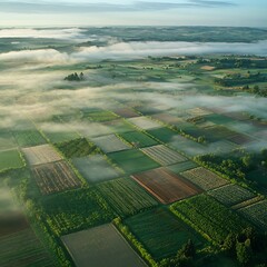 Misty morning aerial view of patchwork farmland.
