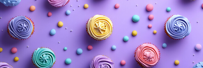 Colorful cupcakes with pastel frosting on a purple background, top view