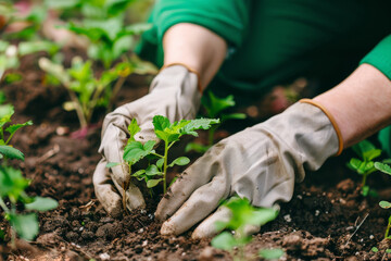 a woman plants seedlings in the garden in the spring, prepares for the planting season and takes care of young plants.