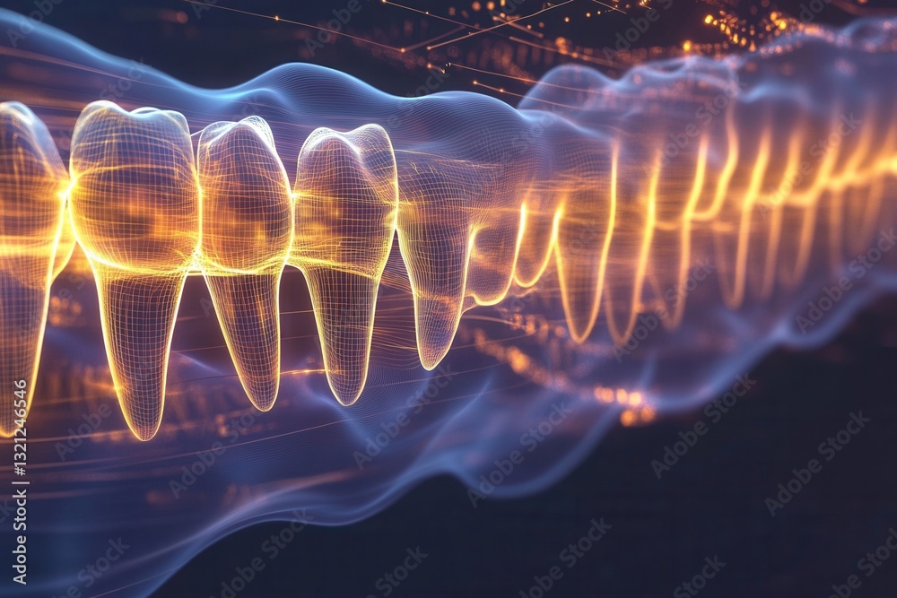 Poster Dynamic abstract background with glowing golden waves depicting healing and strengthening process of dental implants with futuristic light elements