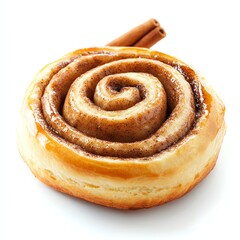 Fototapeta premium Cinnamon Roll with Cinnamon Stick Isolated on White Background Close Up