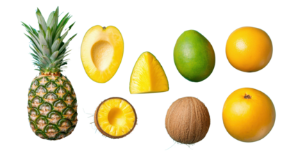 An assortment of fresh  vibrant tropical fruits including pineapple  mango  avocado  orange  lime  and coconut arranged on a clean  white background