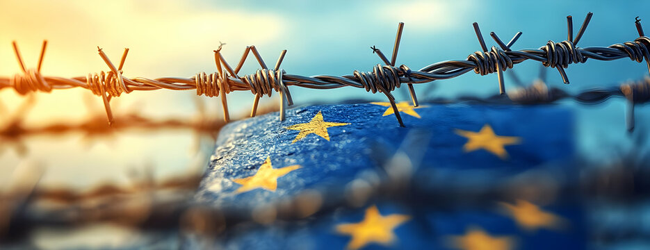 EU flag, barbed wire, border crisis
