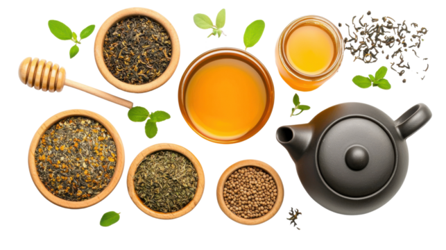 Overhead view of an assortment of herbal tea ingredients including loose tea leaves honey and spices arranged on a wooden table with a ceramic teapot and cups  The image conveys a sense of relaxation