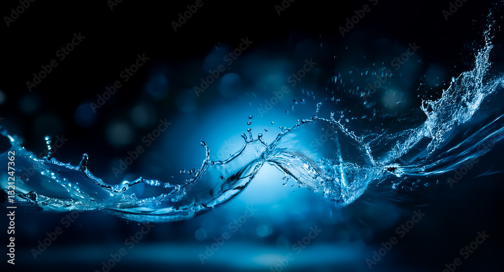 Fototapete vibrant blue water splashes dynamically against a dark backdrop, illuminated by a soft, central blue