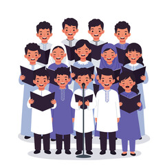 Obraz premium Group of diverse children singing joyfully in minimal flat vector art illustration