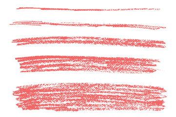 Crayon underline set. Pencil scribble lines pack. Vector hand drawn strikethrough brush strokes illustration isolated. Red highlights handwritten thick and thin shapes. Chalk emphasis figure.