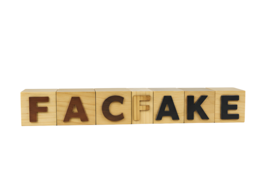 Wooden Blocks Spelling 'FACFAKE' on Transparent Background Symbolizing Deception