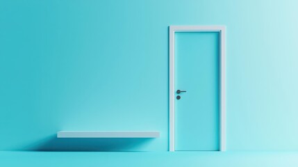 Floating office door in a bright white void, symbolizing career transitions