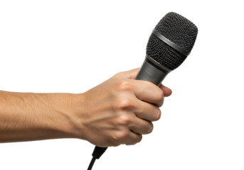 Hand Holding Microphone for Speech or Performance on Transparent Background