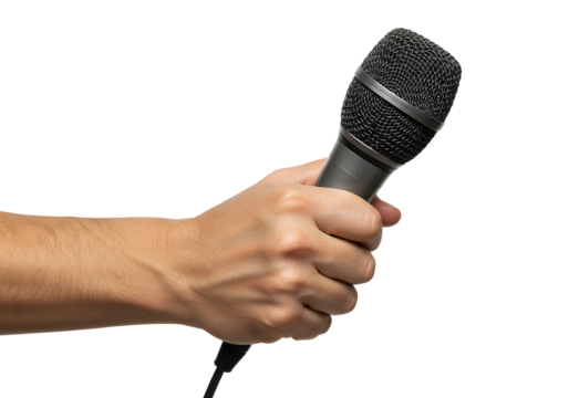 Hand Holding Microphone for Speech or Performance on Transparent Background