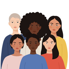 Group of diverse women in flat style showcasing unity and strength vector illustration