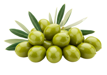 Fresh Green Olives Pile with Leaves on Transparent Background Still Life