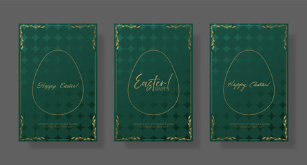 Easter set card. Green background with gold egg outline, intricate floral corners, and refined Happy Easter text. Elegant and warm holiday greeting with a subtle textured pattern festive typography