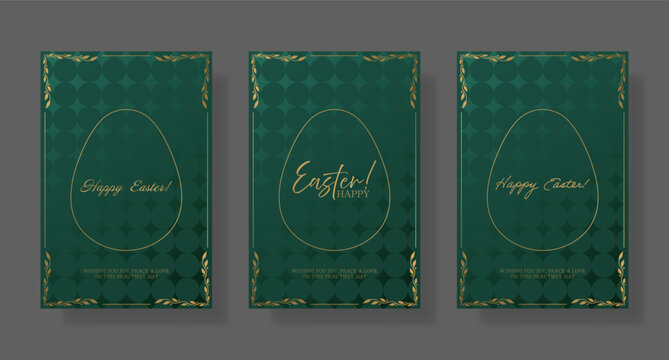 Easter set card. Green background with gold egg outline, intricate floral corners, and refined Happy Easter text. Elegant and warm holiday greeting with a subtle textured pattern festive typography