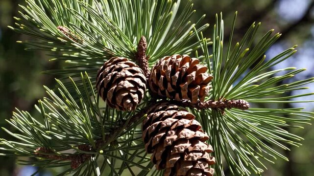 Pine cones dangling from green pine branch, showcasing intricate botanical details and natural texture in close-up forest setting