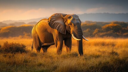 Obraz premium Majestic elephant in golden savanna sunrise