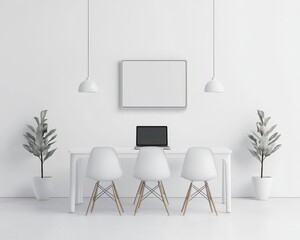 Empty white conference room with a single open laptop, symbolizing a career move