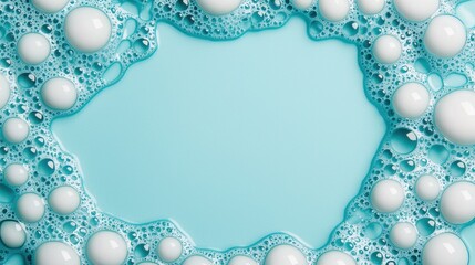 Obraz premium Foam bubbles on a light blue background with copy space. Concept of cleanliness, hygiene, and skincare.