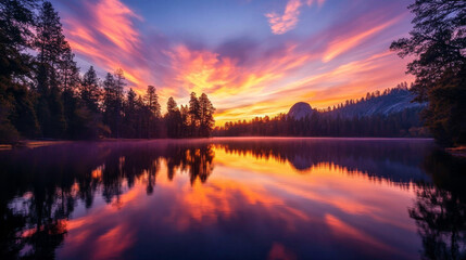 Obraz premium A breathtaking sunset over Half Dome Rock in Yosemite National Park, illuminating the sky with pink hues