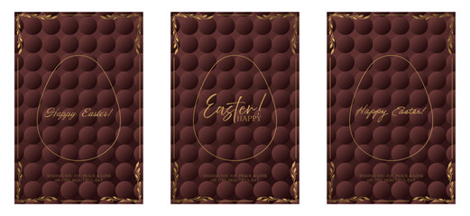 Easter set card. Chocolate brown background with gold egg outline, intricate floral accents, and modern Happy Easter typography. Warm holiday greeting with an embossed pattern.