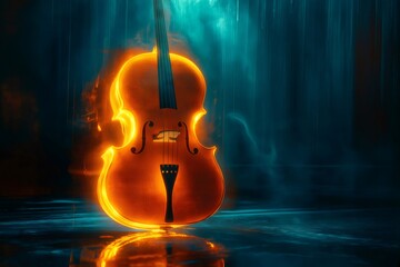 Fototapeta premium Cello emitting a warm, orange glow in a dark room filled with atmospheric smoke, creating a dramatic and mysterious ambiance