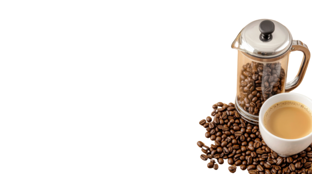 Freshly Brewed Cup of Coffee with Steam Rising Surrounded by Roasted Coffee Beans on a Rustic Wooden Table  Cozy Morning Breakfast or Break Concept