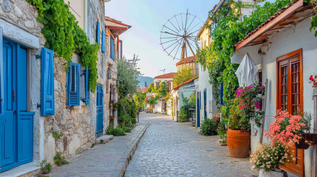 Fototapeta A charming street view of Alacati, Turkey, known for its architecture, vineyards, and windmills