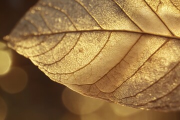 Close up of a golden leaf with delicate imperfections, creating a beautiful and natural texture, illuminated by warm sunlight with bokeh background