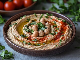 Delicious Mediterranean Hummus with Garbanzo Beans, Olive Oil, and Garlic – Healthy Vegan Snack Platter with Nutritious Mediterranean Flavors