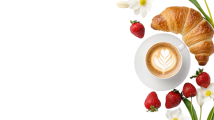 Delectable breakfast scene featuring a steaming cup of coffee a freshly baked croissant and ripe red strawberries artfully arranged on a wooden table  The image exudes a cozy inviting atmosphere