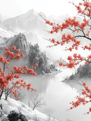 Serene winter landscape with snowy mountains, a misty lake, and delicate pink blossoms.