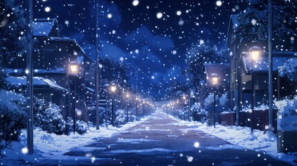 Snowy night street, houses, falling snow