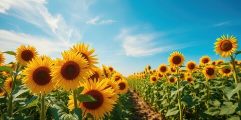 Obraz premium Vast sunflower field stretching to a vibrant blue sky, blue, yellow