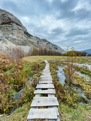 A beautifully crafted wooden walkway winding its way through a lush and vibrant grassy field, with majestic mountains towering in the background, creating a stunning natural landscape