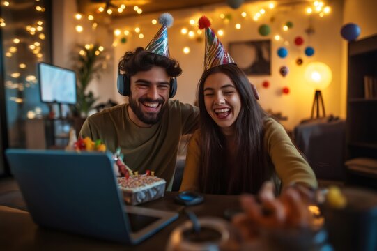 Joyful couple wearing party hats, celebrating a birthday through a virtual call, surrounded by festive decorations and a cake - Powered by Adobe
