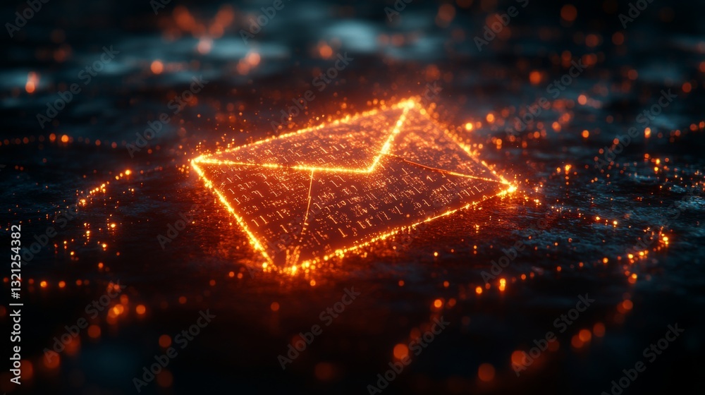 Aufkleber Dazzling particles form an envelope symbol, representing quantum encryption concepts like superposition and entanglement. The glow signifies security in communication.