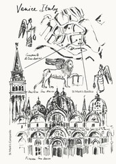 Fototapeta premium Hand drawn Venice architecture collage urban sketch. Black ink landmark line drawing of Italy ancient city.